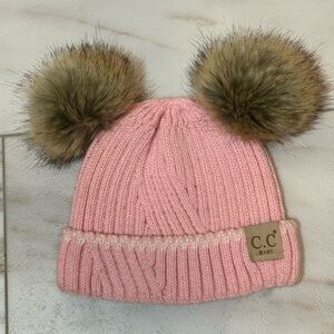 C.C Baby Pink Knit Double Pom Beanie Hat – Faux Fur, Made in Korea